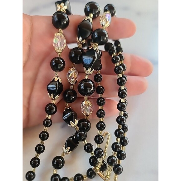 Black And Clear Multistrand Adjustable Beaded Necklace Vintage Japan - Picture 6 of 10